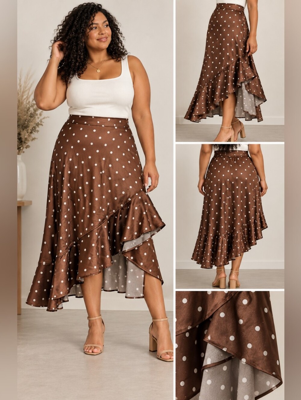 Torrid Brown Polka Dot Asymmetrical Ruffle Midi Skirt
